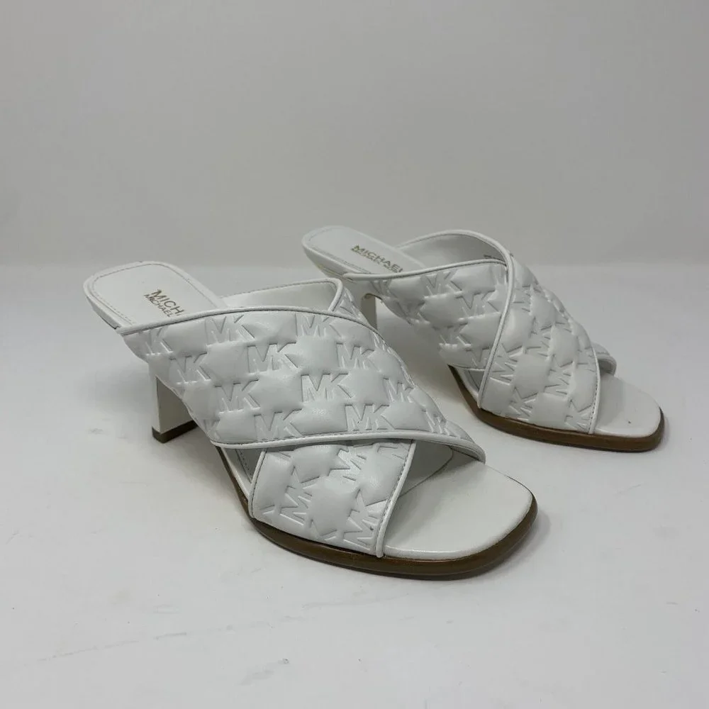 Michael Kors Gideon Mule Sandals Women's 5 M White EMB Faux Leather Heeled S0593